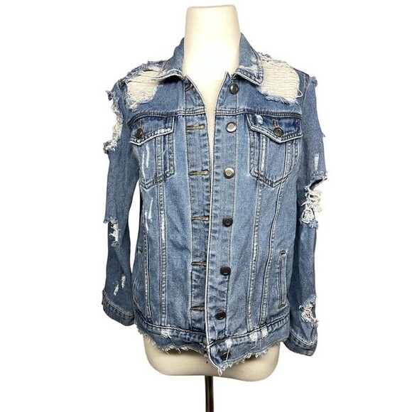 Pretty Little Thing ABEGAILA MID WASH DISTRESS OVERSIZED DENIM JACKET jean Sz 2 - Picture 9 of 12